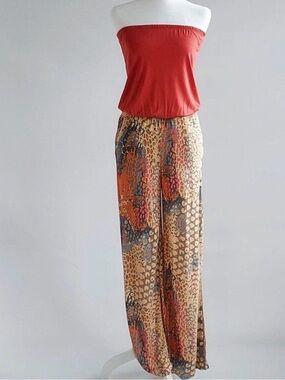 Strapless Rust Top with Animal-Print Wide-Leg Jumpsuit